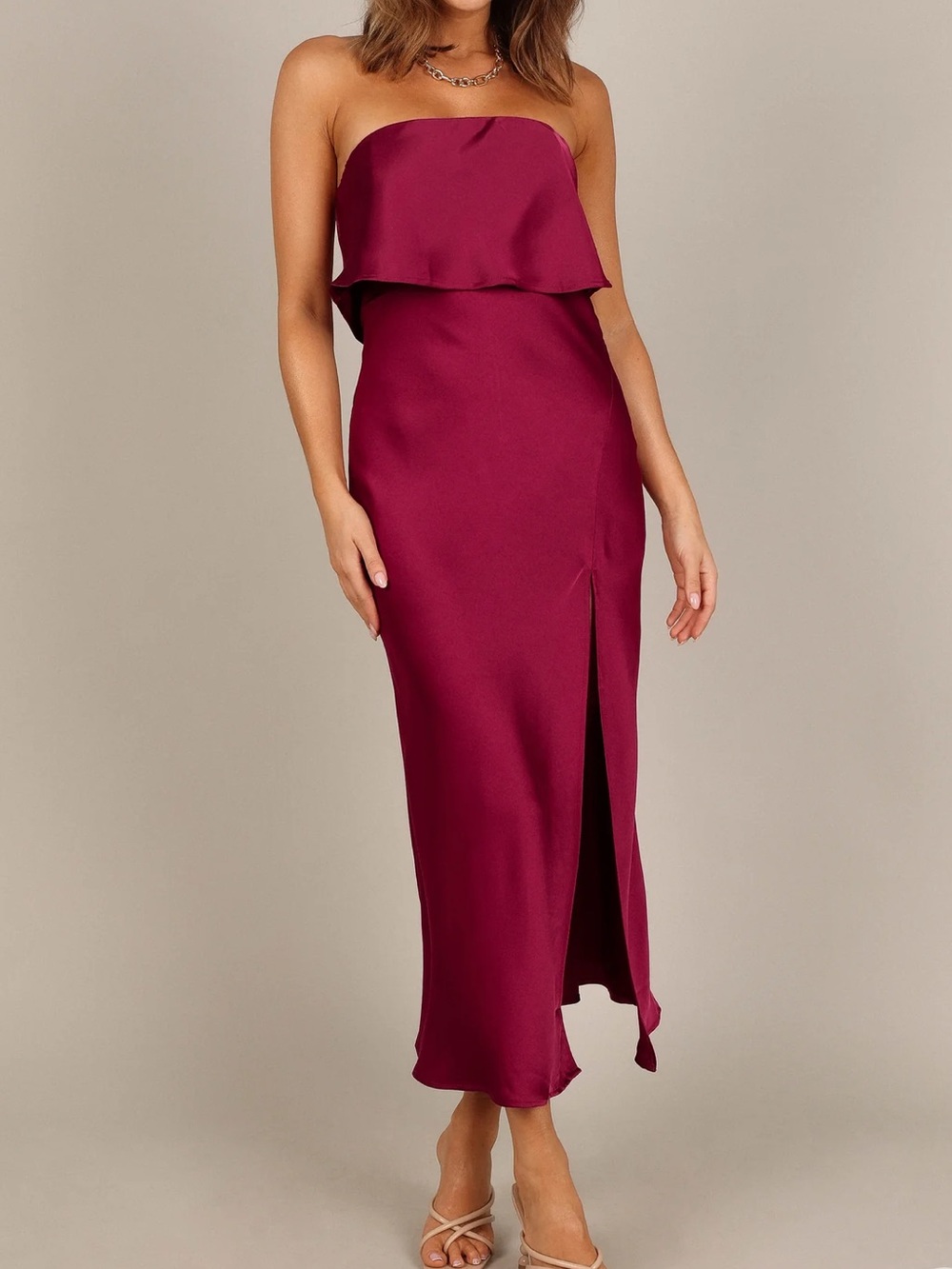 Petal & Pup Strapless Midi Dress in Berry Plum